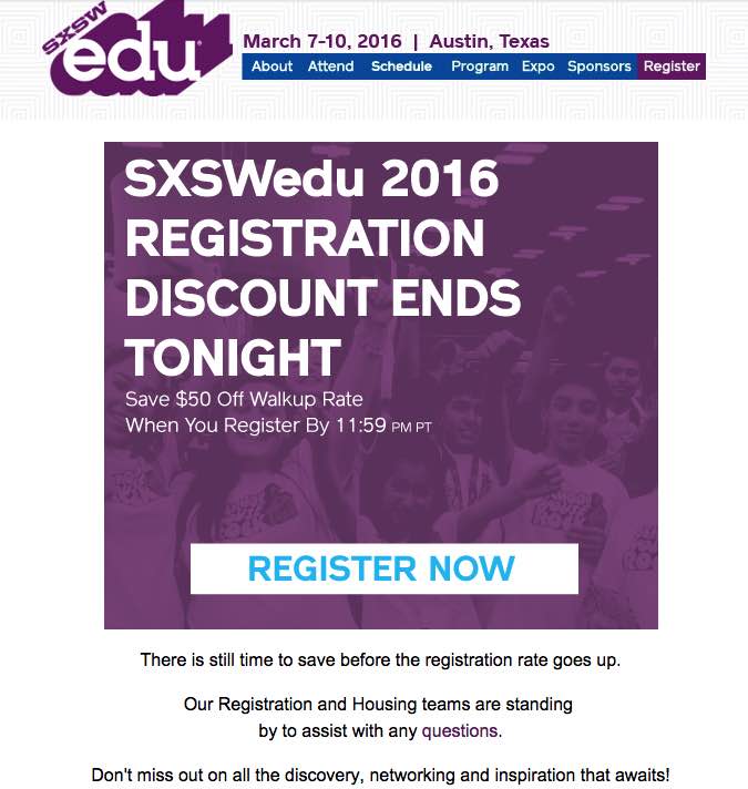 Email Marketing SXSW Call to Action Urgency