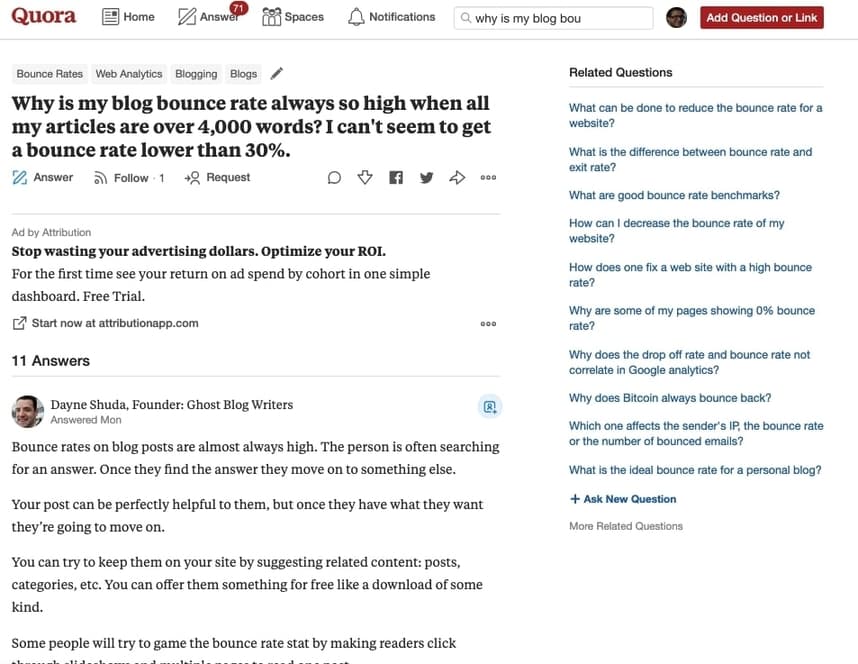 Quora Questions Answers Bounce Rate Example