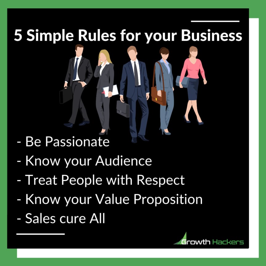 5 Simple Rules for your Business Be passionate know your audience value proposition sales cure all