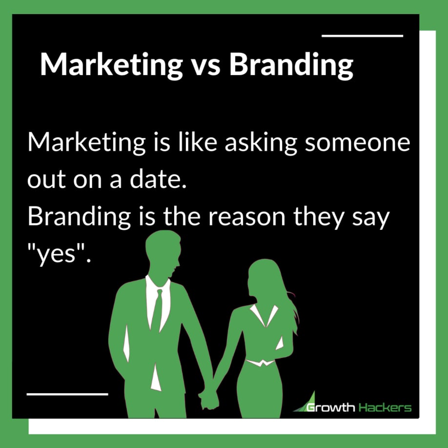 Marketing vs Branding. Marketing is like asking sommeone on a date. Branding is the reason they say yes.