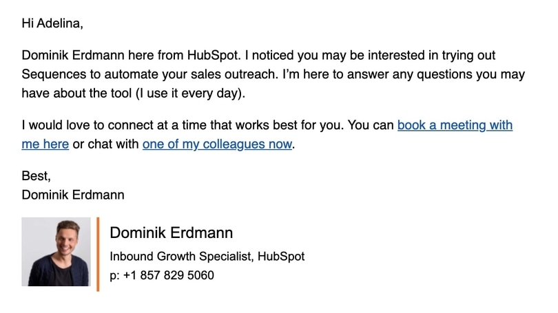 example of the triggered email from the HubSpot team