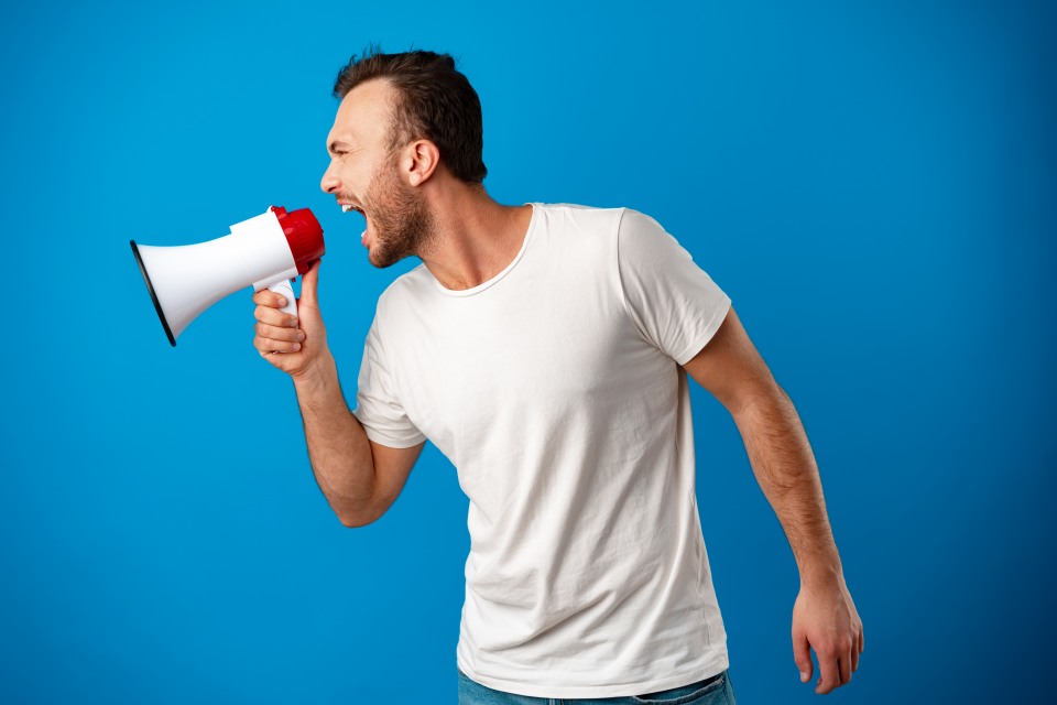 Hard to Get Media Attention Man Screaming Yelling Megaphone