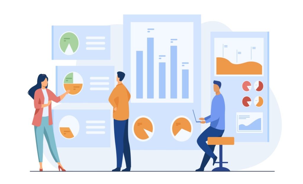 Advanced Data Analytics Workers Analyzing Metrics Performance Dashboard Results