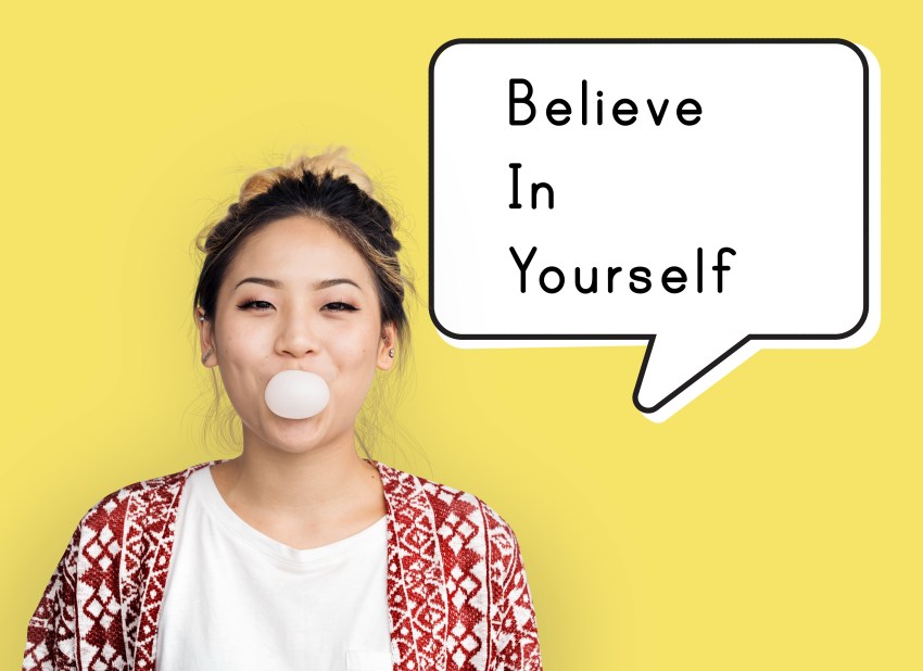 Believe in Yourself Confidence Quote Chat Box Woman Chewing Gum