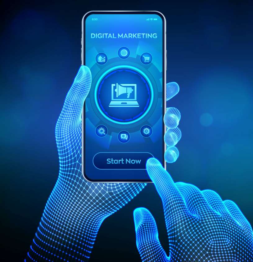 Digital Marketing Package Start Now Futuristic Hand Holding Smartphone