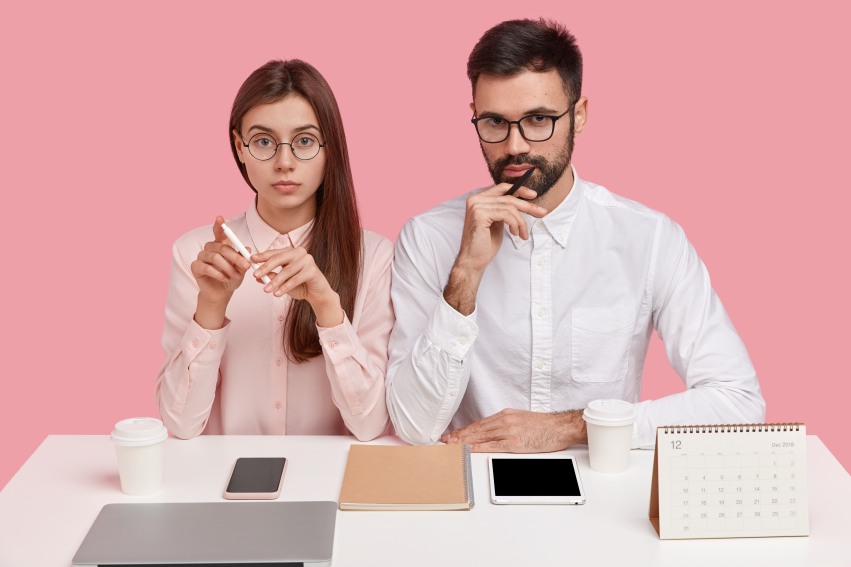 Learning Experience Man Woman Desk Serious Pink