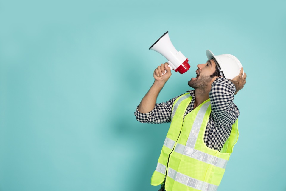 Young Construction Industrial Male Man Worker Professional Megaphone Referral
