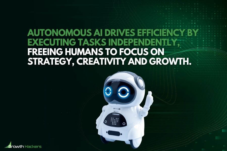 Autonomous AI drives efficiency by executing tasks independently freeing humans to focus on strategy creativity and growth