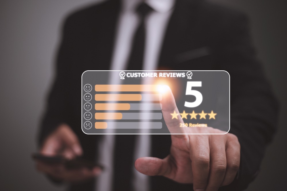 Customer Reviews Satisfaction Businessman Screen 5 Stars Digital Feedback