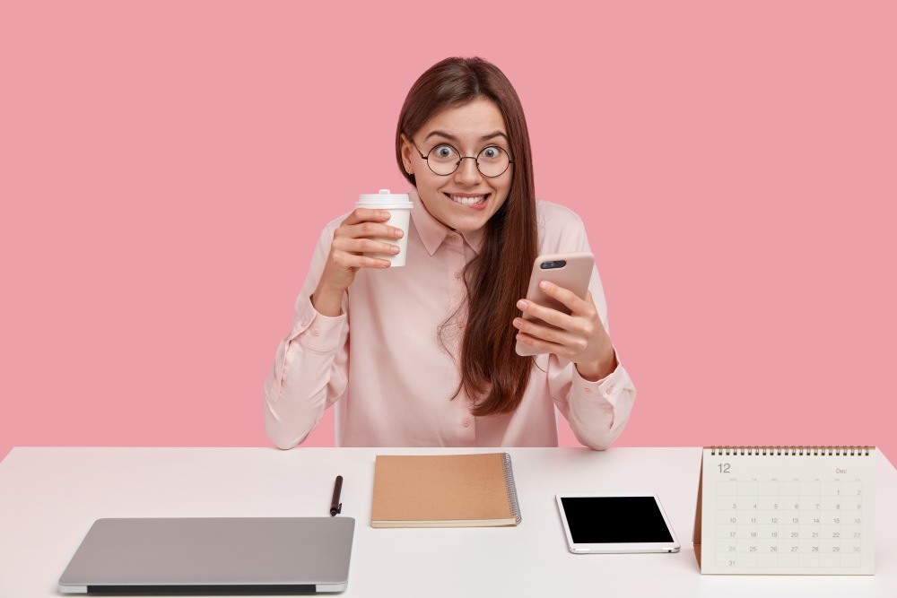 Employee Satisfaction Woman Female Happy Desk Smartphone Tablet
