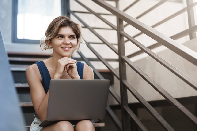 Female University Student Sit Stairs Woman College Laptop