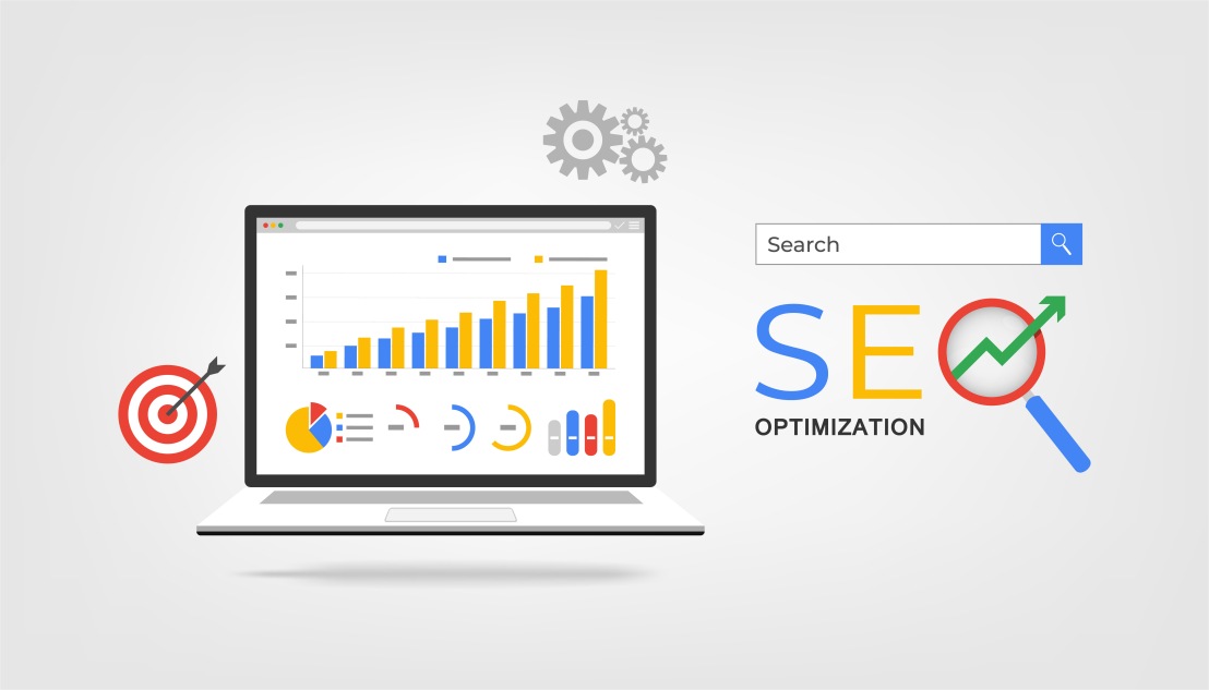 SEO Concept Search Engine Optimization Laptop Graphs Target Growth