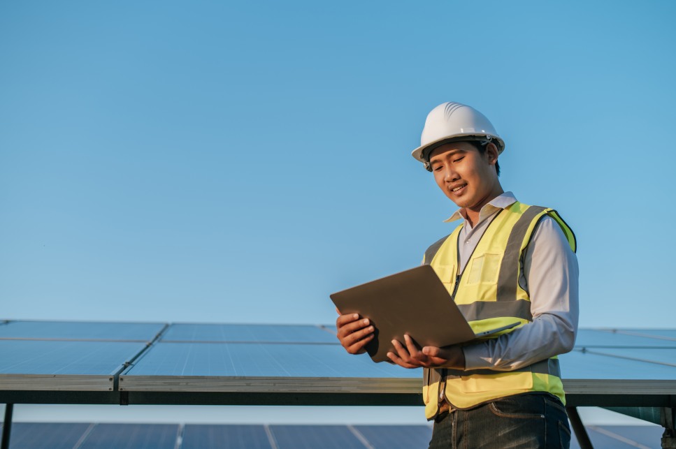 Solar Panels Outside Asian Man Male Worker