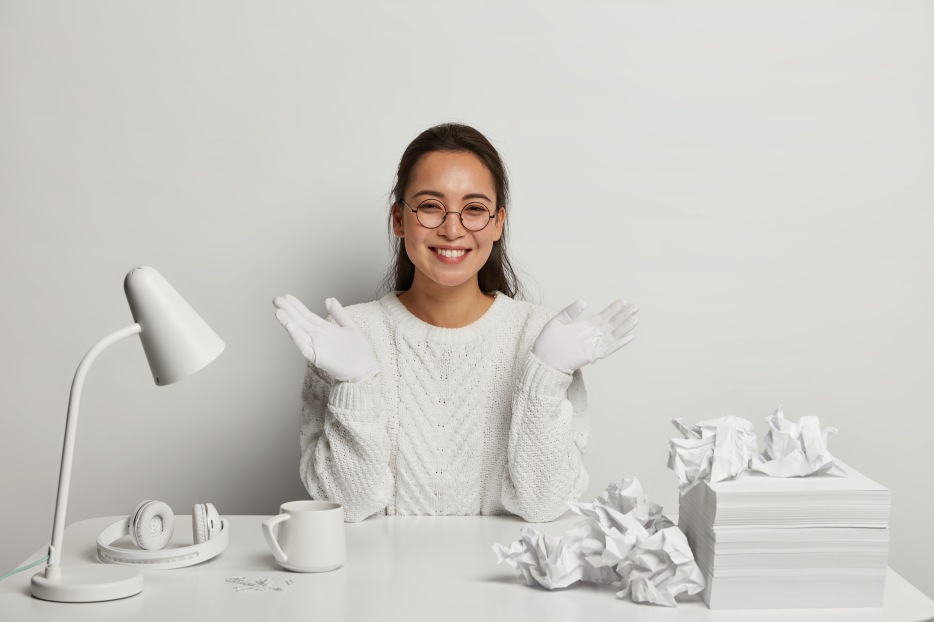 Tidy Desk Woman Smiling Female White Lamp Papers Document