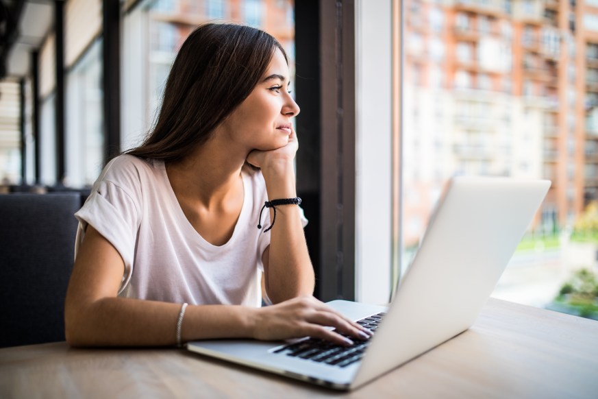 Woman Female Using Laptop Coffeeshop Cafe Writing Copywriting