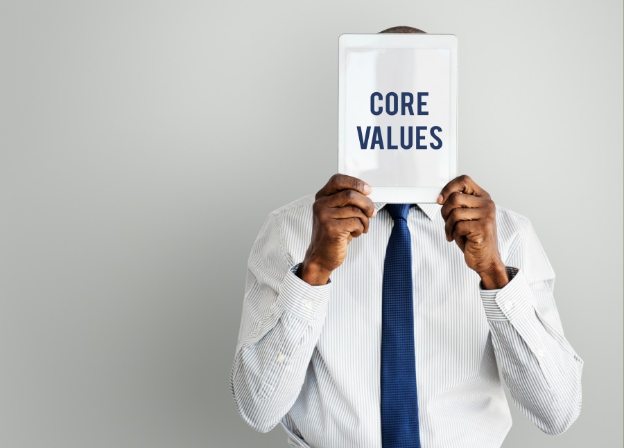 Core Values Businessman Man Male Holding Sign in front of Face