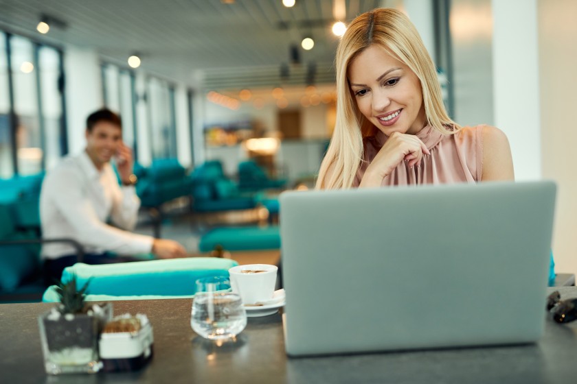 Happy Woman Sending Email Laptop Office Female