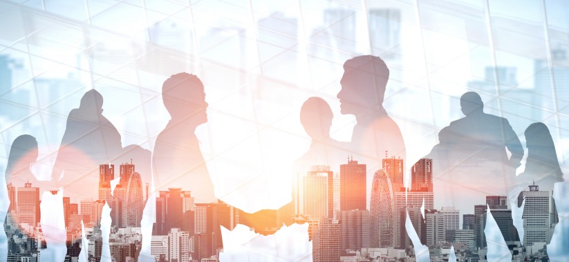 Professional Networking Double Exposure Businesspeople Shaking Hands
