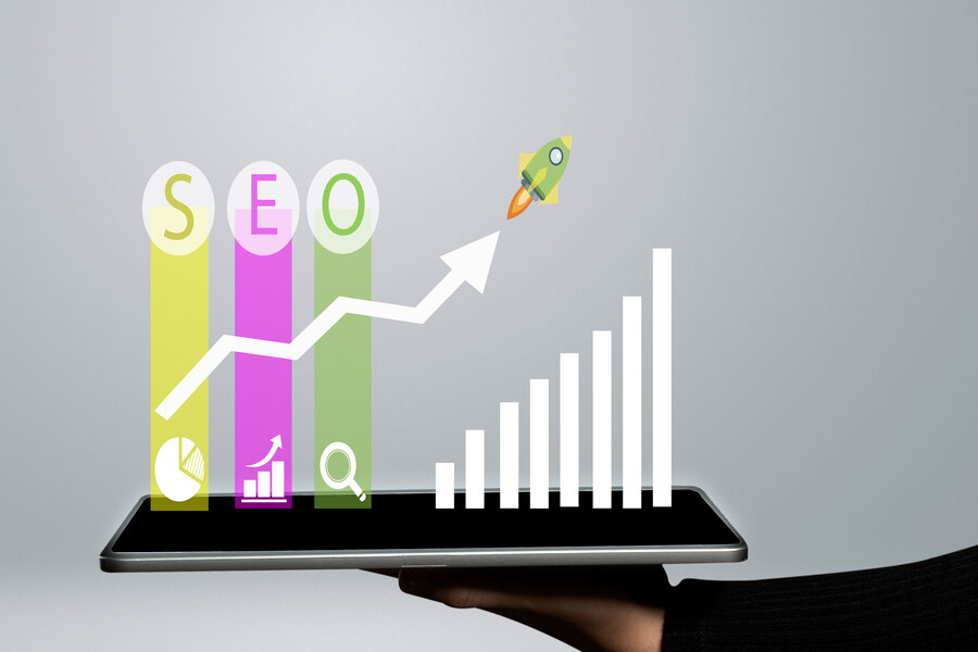 SEO search engine optimization concept with growth graph and icons.