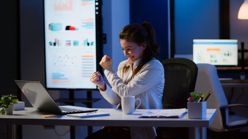 Very Happy Woman Desk Laptop Excited Female Office Attract Good Employee