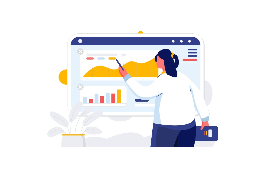 Analyze Business Revenue Metrics Data Analytics Woman Female Flat Design Illustration Concept