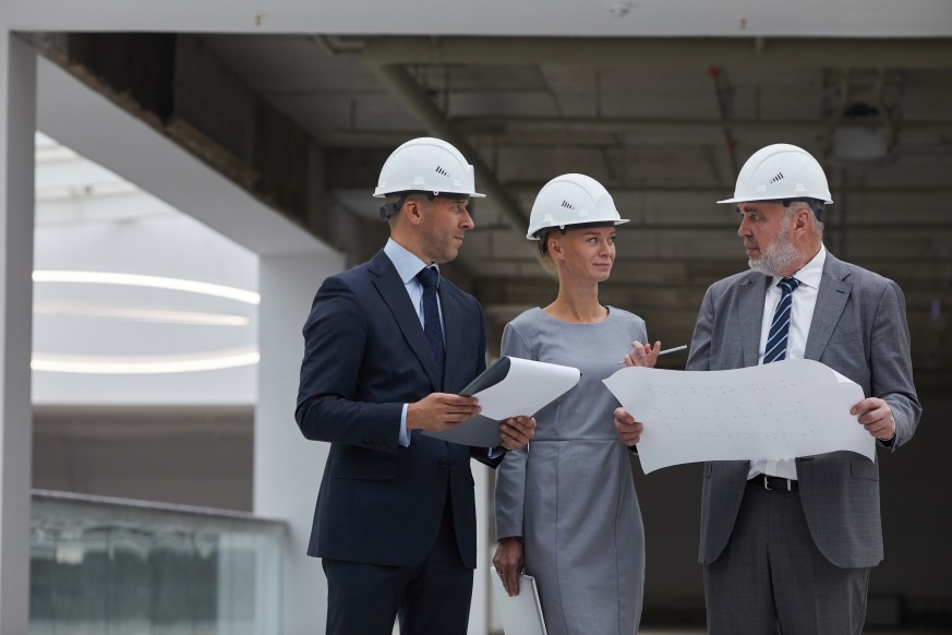 Partner Construction Partnership Architecture People Men Women Safety Helmets Discussion