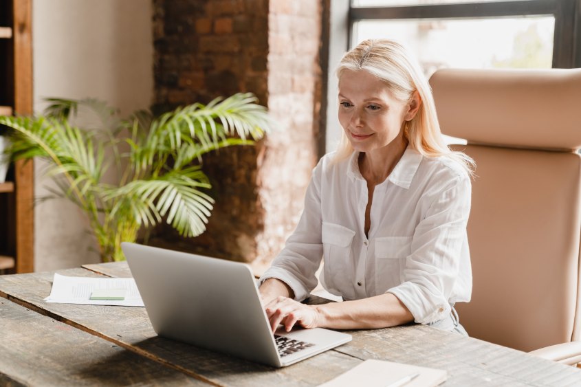 Woman Laptop Female Smile Smiling Working Desktop Posting Social Media Online