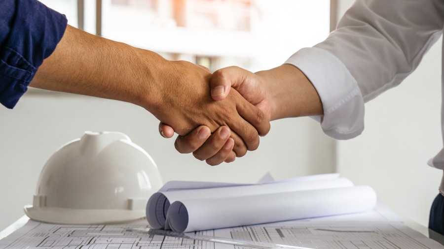 Contractor Shaking Hands Closing Deal Finding New Customer Engineer Architect Plan