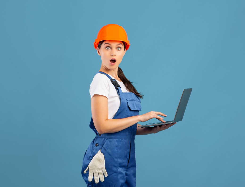 Fun Cool Surprised Woman Female Contractor Equipment Laptop Digital Safety Helmet