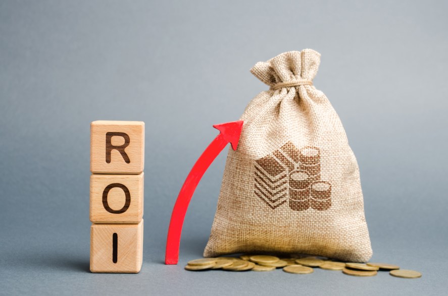 Higher ROI Return on Investment Wooden Blocks Money Bag Sack