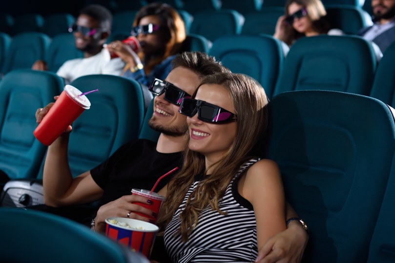 Lovely Couple Watching Movie Cinema Popcorn 3D Glasses