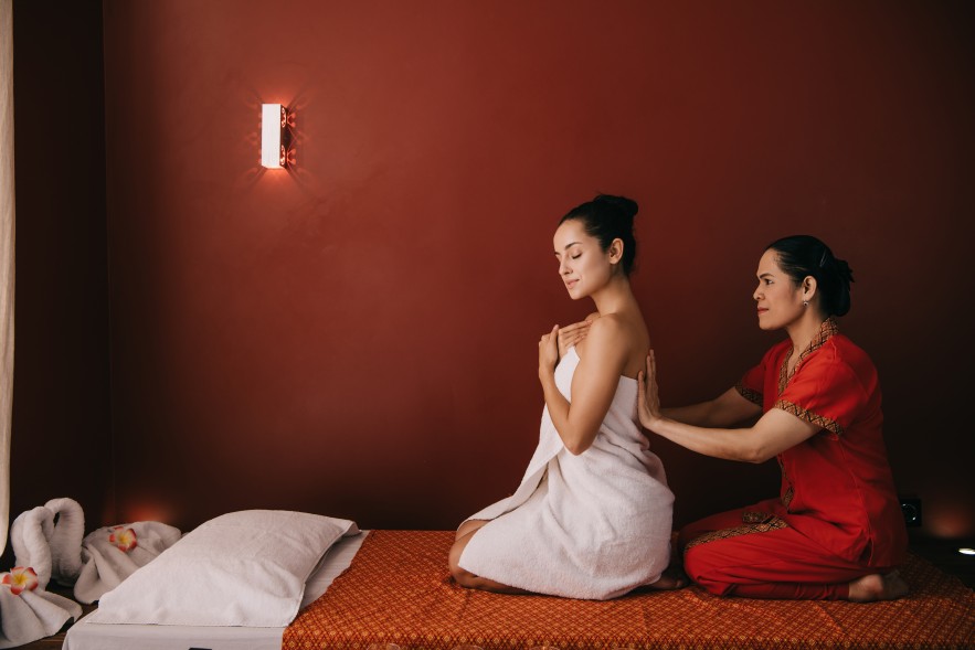 Massage Women Wrapped Sheets Asian Masseuse Spa Relaxing