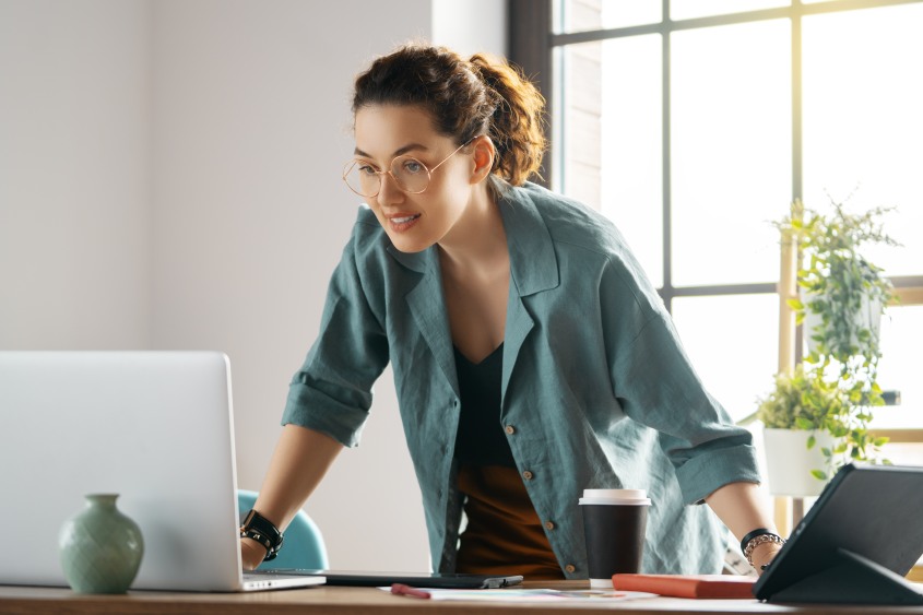 Woman Working Standing Female Desk Laptop Marketing Workshop Business