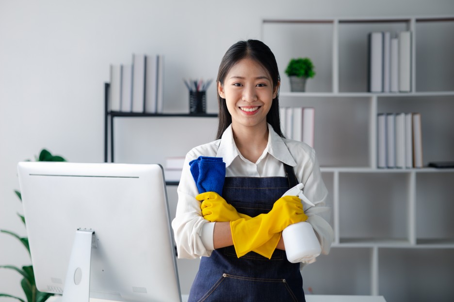 Cleaning Woman Female Happy Smiling Gloves Office Company