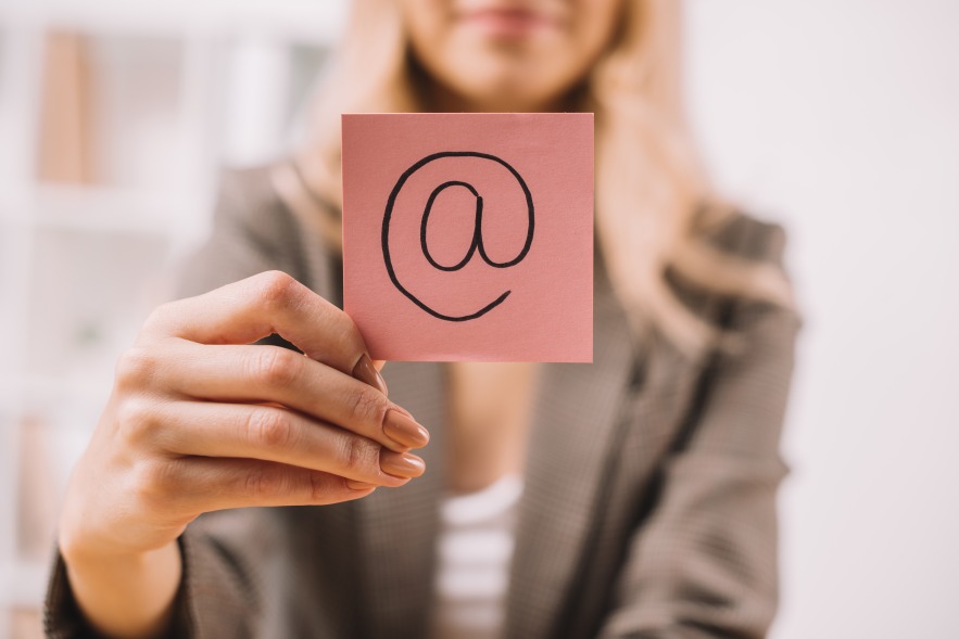 Email Marketing Woman Holding @ Sign Symbol Post it Female Copywriting