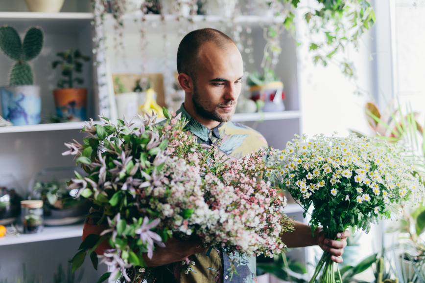 Man Florist Create Bouquets Flowers Holding Hands Male