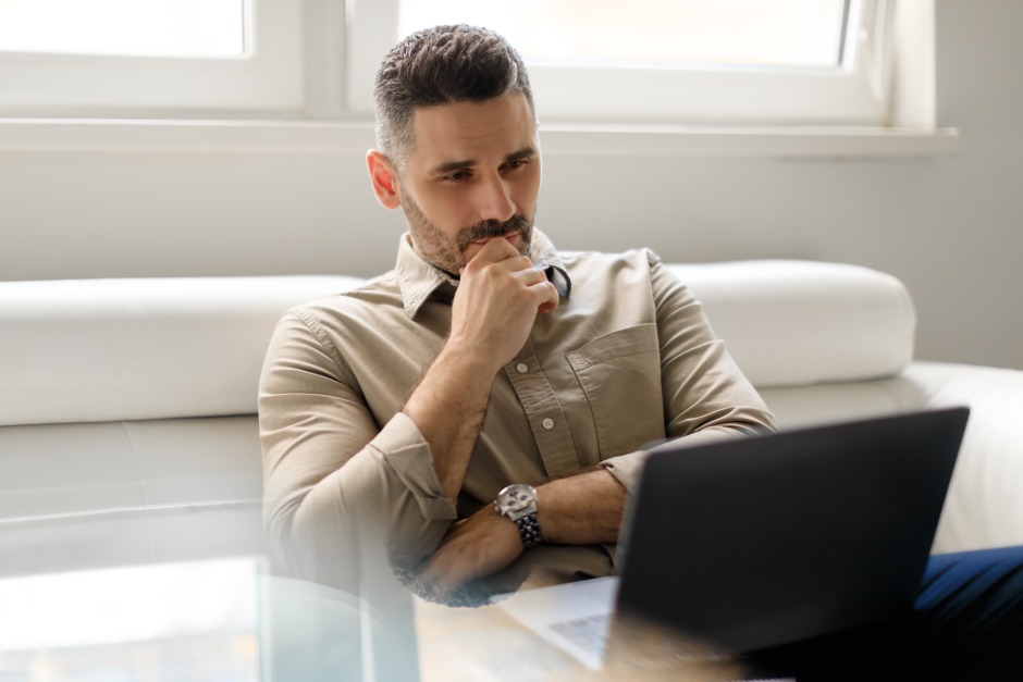 Man Focusing Focused Thoughtful Data-Driven Decision Making Process