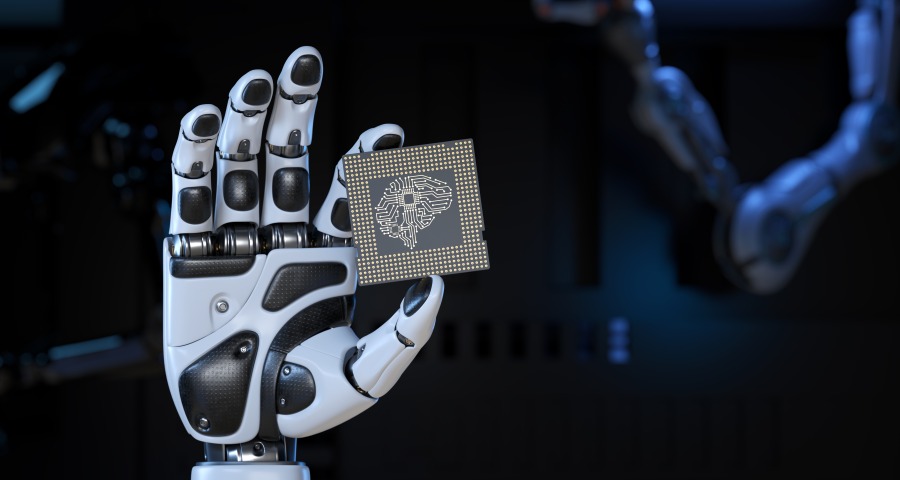Robotic Hand Holding Chip with Brain Engraved Robot Ai Artificial Intelligence Tech Technology