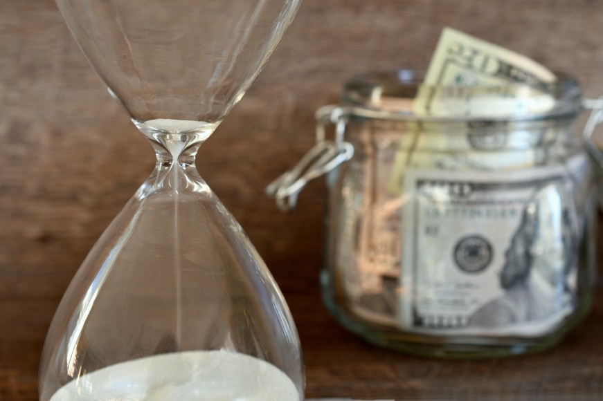 Save Time Hourglass Jar Money Dollar Bills