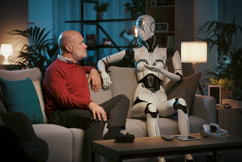 Senior Man Male Having Conversation Discussion Robot Ai Sofa Living Room