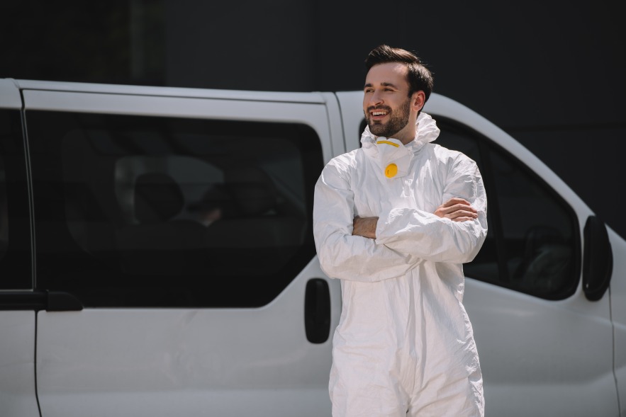 Smiling Happy Male Man Pest Control Worker White Van Commercial Vehicle