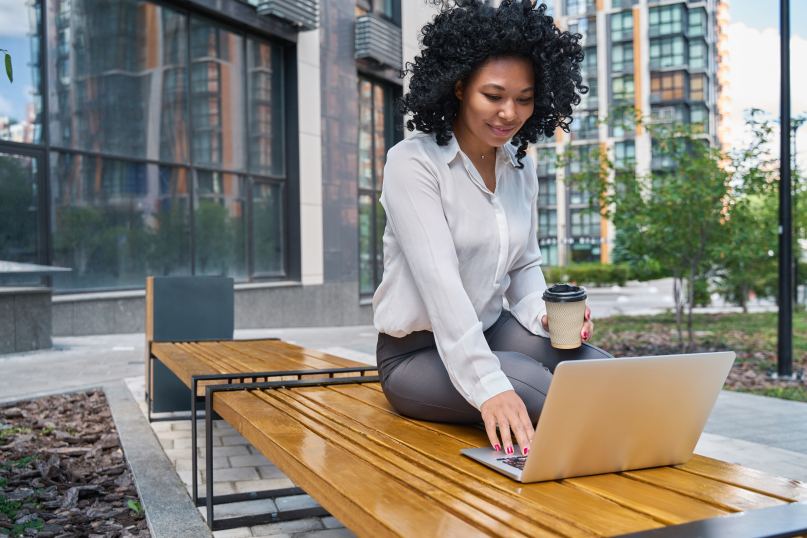 Woman Female Using Laptop Coffee Coffeeshop Cafe Outside User Friendly