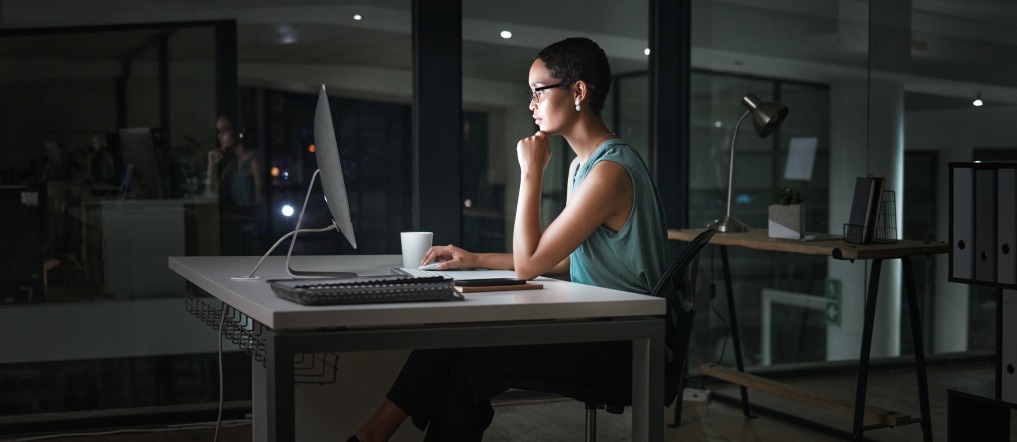 Woman Thinking Computer Analyze Portfolio Work Serious Formal Female Business