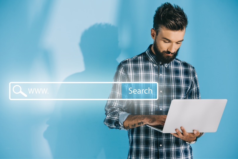 Bearded Man Male Using Laptop Search Engines Standing Up