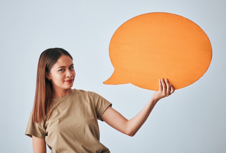 Brand Voice Woman Holding Chat Bubble Sign Tone Branding