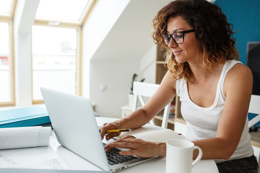 Busy Happy Smiling Woman Female Working from Home Laptop WFH