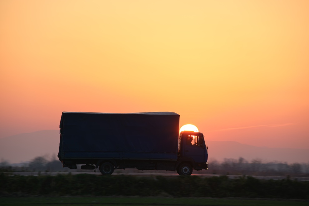 Cargo Truck Driving Dawn Sunset Sunrise Logistics Supply Chain