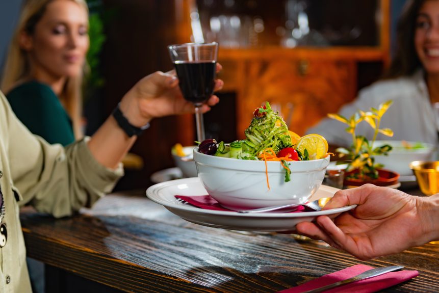 Food Experience Waiter Bringing Vegetarian Plate Woman Smiling Wine