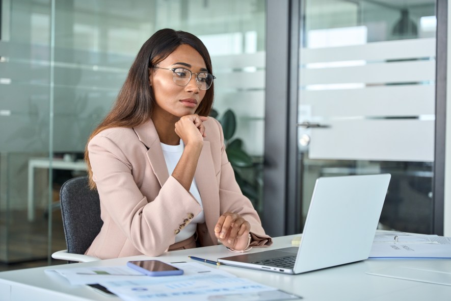 Franchise Market Research Pensive Serious Hard Working Woman Female Laptop