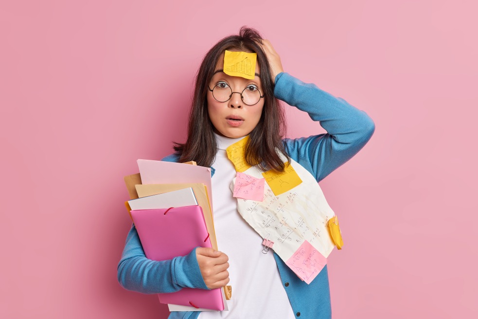 Information Overload Woman Overworked Busy Post Its Files Documents Pink